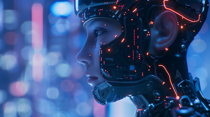 A close up of the face and neck profile of an AI robot with neon lights on its head, against a blurred futuristic cityscape background. 