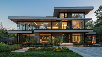 Fototapeta premium Modern two-story house with large glass windows and a sleek design, surrounded by greenery and a paved driveway, set against a clear blue sky, highlighting contemporary architecture