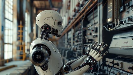 Fototapeta premium Humanoid robot working in high-tech industrial environment