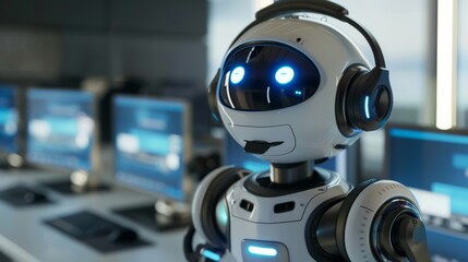 3D render, friendly robot working in a call center 