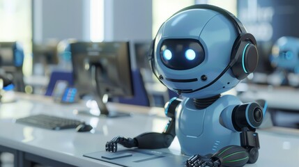 3D render, friendly robot working in a call center 