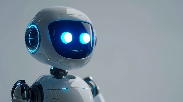 Friendly futuristic robot with glowing blue eyes