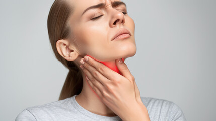 close-up of a woman with neck pain, sore face expression, red inflamation