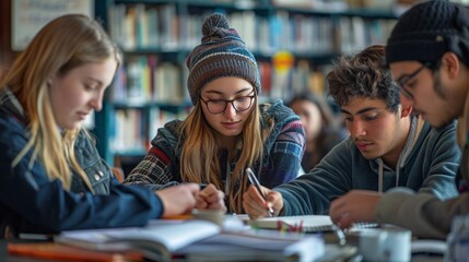 Focus on Teamwork: Students Collaborating in Study Room with Copy Space