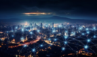 Telecommunication network above city, wireless mobile internet technology for smart grid or 5G LTE data connection, concept about IoT, global business, fintech, blockchain
