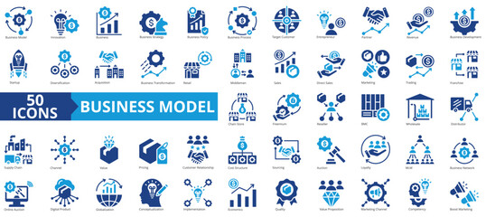 Business model icon collection set. Containing innovation, target customer, strategy, policy, process icon. Simple flat vector.