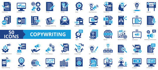 Copywriting icon collection set. Containing advertising, marketing, creative, concept, brand, awareness, idea icon. Simple flat  vector.