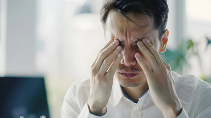 Stressed businessman touching his eyes
