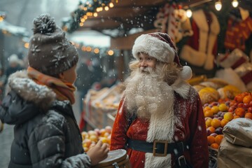 Obraz premium Child Meets Santa Claus at Snowy Christmas Market