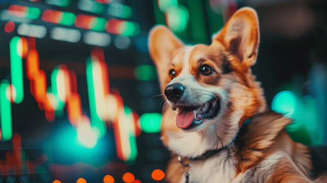 Corgi with glowing big data forex candlestick chart on blurred background. Financial graph diagram. Financial crisis, falling stocks concept. For blogs, articles, ads. - Powered by Adobe