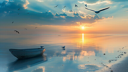 Serene Beach at Sunset with Boat and Seagulls