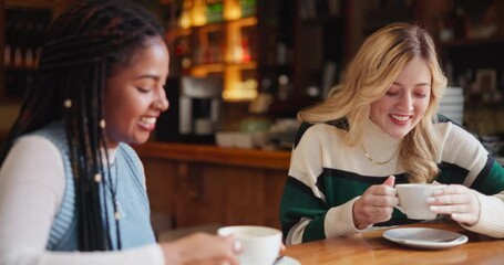 Women, espresso and conversation in cafe as friends with chat, happy and gossip news for coffee connect. Girls, tea and communication in New York restaurant in morning for social, relax and talking - Powered by Adobe