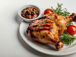 delicious grilled chicken on white background Side and top view of BBQ Food