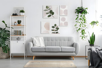 Obraz premium Grey sofa, shelving units, houseplants and beautiful pictures on white wall in living room
