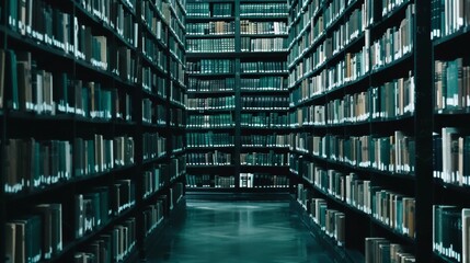 A historic library with rows of towering bookshelves each filled with tomes of architectural designs representing the accumulated knowledge of human construction and design