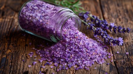 kitchen decor, a lavender salt shaker in purple on a rustic wooden table, ideal for seasoning dishes and adding fragrance to your kitchen