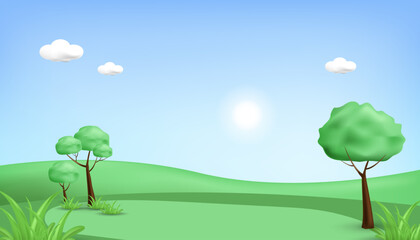 3d landscape mountain and hills illustration with 3d trees, cloud and sun. vector illustration.