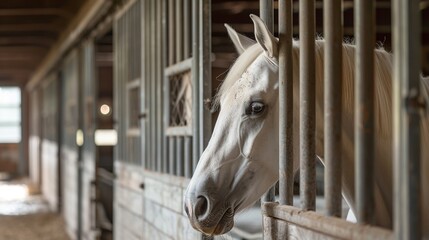 A calm white horse looks gently through bars of its wooden and metal stall. Its mane is neatly braided.