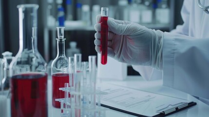 Scientist examining a red liquid in a test tube in a laboratory setting.
