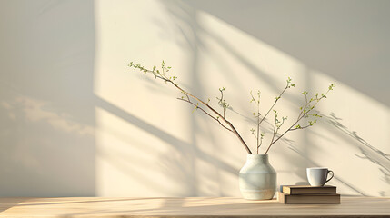decoracion de interiores cuarto o habitacion de estudio elegante y minimalista con una mesa de madera y un florero libro y un cafe con luz solar exterior © Erika