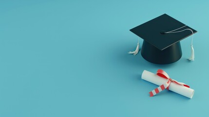 Graduation Cap and Diploma on Blue Background