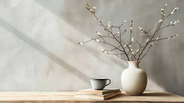 mesa de madera con un florero con ramas de flores  secas con un libro y una taza de cafe en un estudio minimalista con un muro liso de concreto