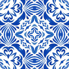 Abstract blue and white tile seamless ornamental watercolor paint pattern. Azulejo cobalt color portuguese style mediterranean