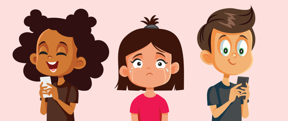 Unhappy Girl Ignored by her Friends Using Smartphones Vector Cartoon. Kids overusing technology unable to play together and socialize 

