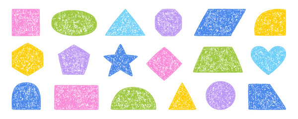 Chalk pencil figure doodle set. Crayon square, circle, rectangle, triangular in sketch style, Pastel kids geometric shapes. Grunge texture. Hand drawn vector illustration isolated on white background