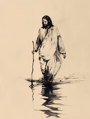Obraz premium Minimal Drawing of Jesus Walking on Water