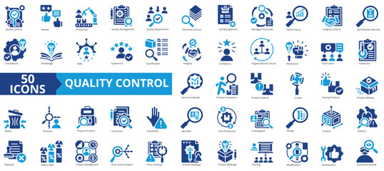 Quality control icon collection set. Containing review, production, management, requirement, elements control, job, processes icon. Simple flat vector.