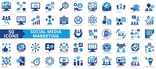 Social media marketing icon collection set. Containing website, promote, product, service, digital, e-marketing, dominant icon. Simple flat vector.