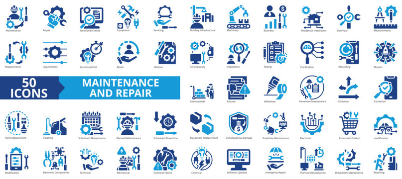 Maintenance and repair icon collection set. Containing functional checks, equipment, servicing, building infrastructure, machinery, business, residential installation icon. Simple flat vector.