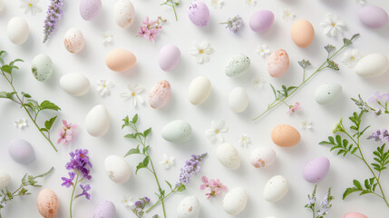 A photograph of pastel-colored eggs and delicate flowers forming a circular pattern on a white background, eggs in gentle pastel hues of lavender, mint
