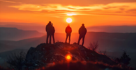 Fototapeta premium Three people standing on a mountain peak at sunset