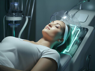 Fototapeta premium Laser Treatment, Laser epilation and cosmetology, ultrasound face treatment in medical spa center, Doctor doing laser face and hair removal treatment, skin care concept by using laser