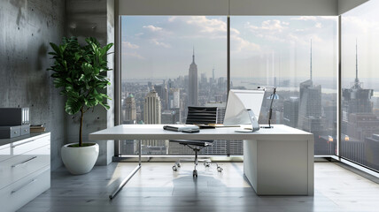 Minimalist Desk and Chair with Cityscape Background