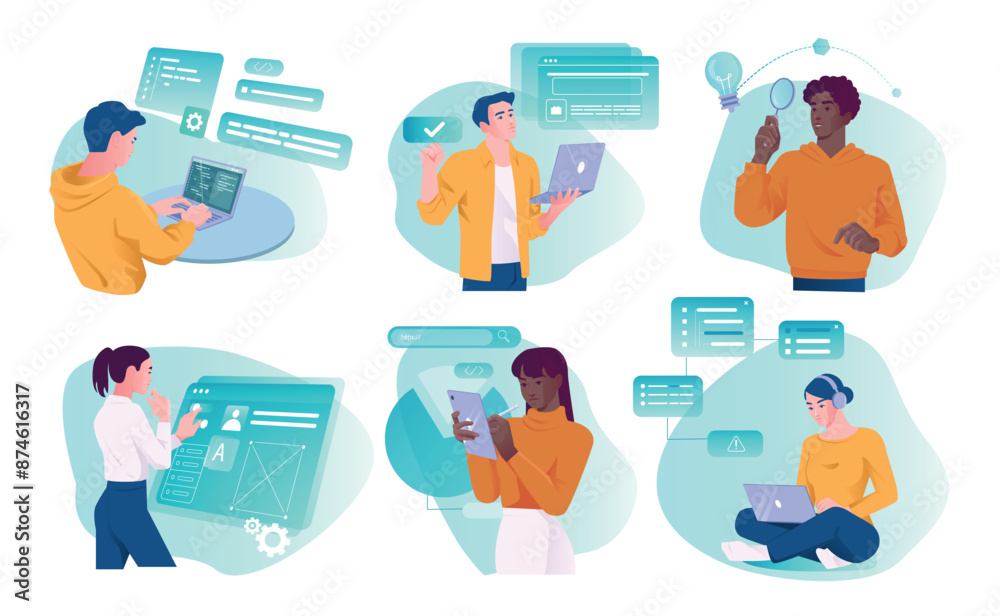 Poster set of people software developers. male and female programmers write program code for digital app or