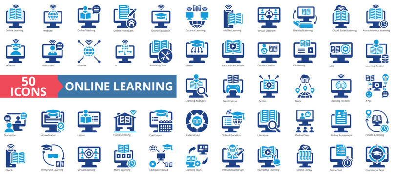 Online learning icon collection set. Containing distance learning, virtual classroom, blended learning, online course, e-learning, gamification, homeschooling icon. Simple flat vector illustration.