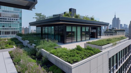 Fototapeta premium A beautifully designed rooftop garden atop a highrise building showcasing the trend of integrating green spaces into urban architecture to combat the urban heat island effect