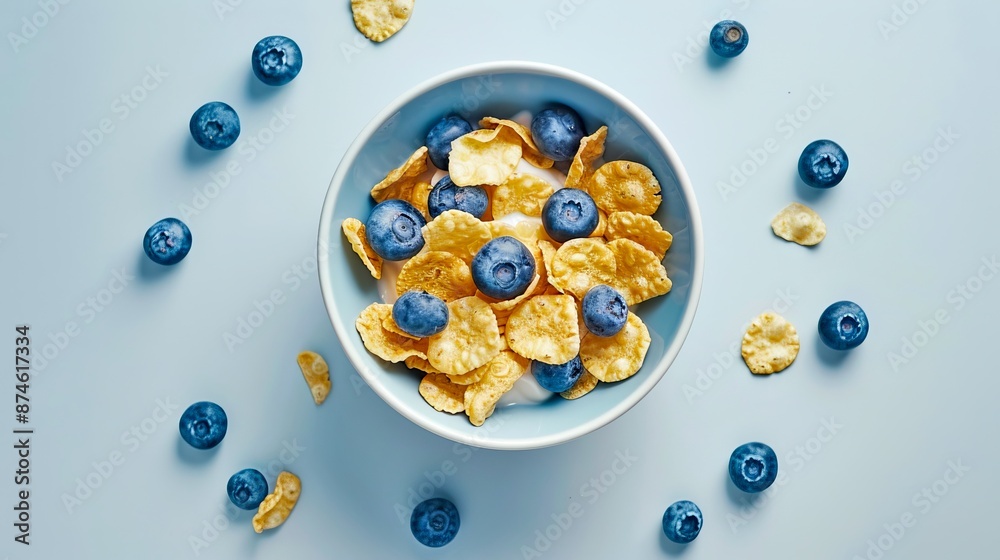 Wall mural Fresh breakfast bowl with a mix of cornflakes and blueberries. Healthy morning meal to start the day right. 