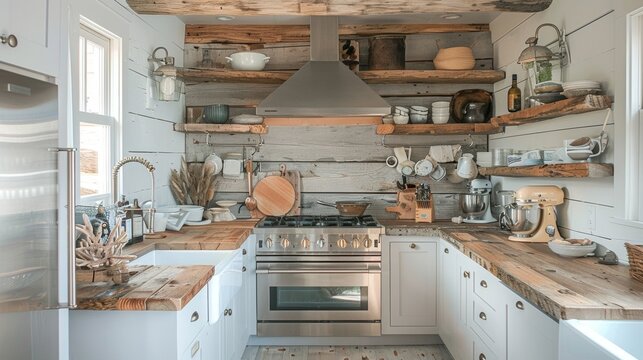 coastal kitchen design, kitchen in a beach cottage featuring open shelves and driftwood accents for a rustic coastal vibe in the cooking area