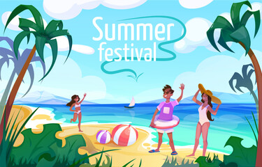 Summer holidays. Banner with beautiful seascape, palm trees, ocean and people in swimsuits relaxing on sandy beach. Recreation and vacation in summer season. Cartoon vector illustration