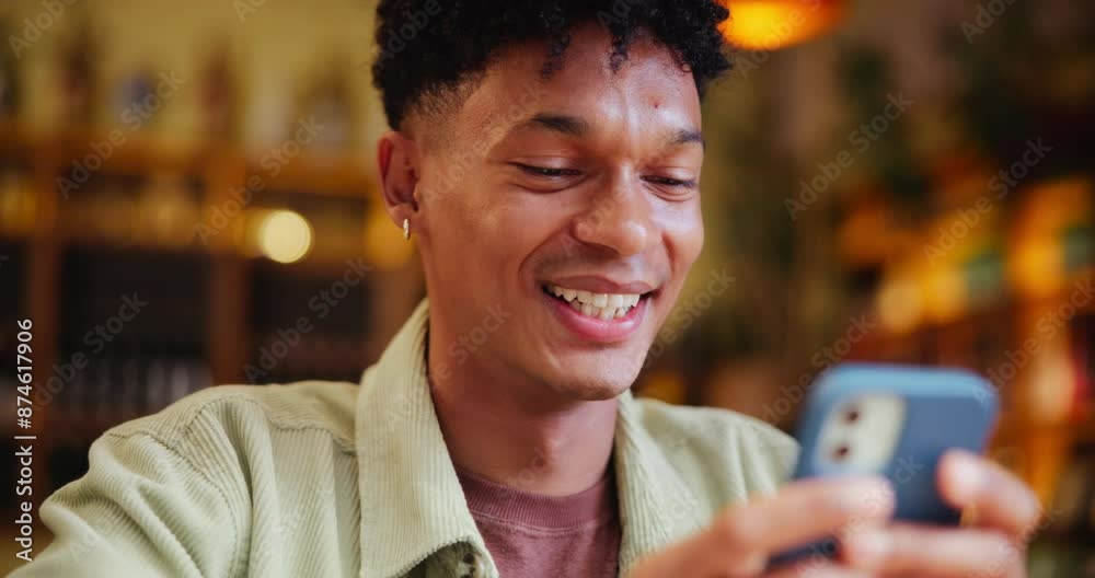 Poster Happy man, cafe and typing with phone for social media, communication or reading news at indoor restaurant. Male person with smile on mobile smartphone for online chatting or texting at coffee shop