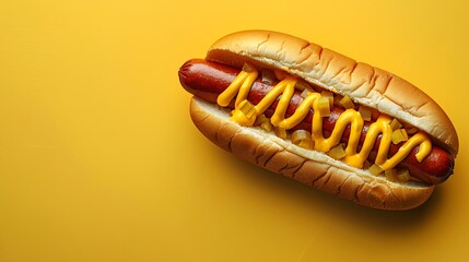 Close-up of a delicious hot dog with mustard on a bright yellow background. Perfect for food, fast food, and snack-related themes.