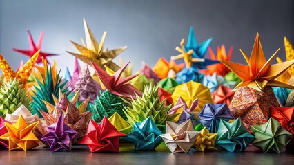 Symphony of origami art pieces on background, origami, art, paper, craft, colorful, elegant, delicate, intricate