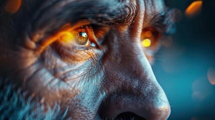 Obraz premium Close-up portrait of a storyteller in their natural element, their face illuminated by the soft light of dusk, conveying depth and authenticity.