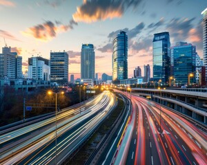 Fototapeta premium Scant traffic flow on urban highway at dusk surrounded by contemporary skyscrapers in cityscape