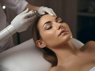 Naklejka premium Laser Treatment, Laser epilation and cosmetology, ultrasound face treatment in medical spa center, Doctor doing laser face and hair removal treatment, skin care concept by using laser