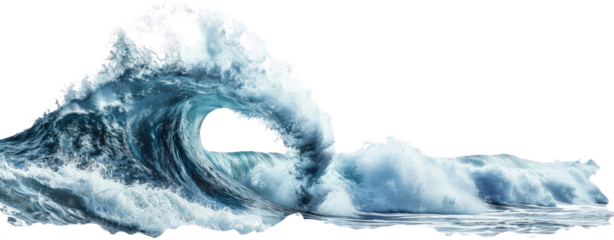 Large blue ocean, sea or water wave crushing cut out isolated—transparent background PNG.